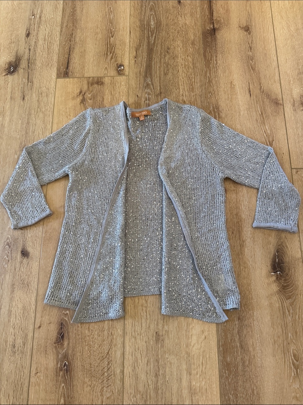 Ellen Tracy | Silver/Sequin Open-Front Knit Cardigan | 3/4 sleeve | size S
